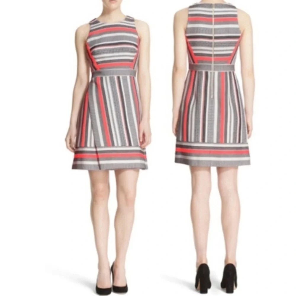 Kate Spade Ribbon Jacquard Sleeveless Dress Size 4 White Black Orange Wrap Flare